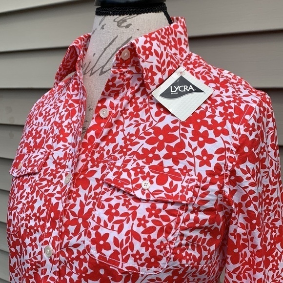 L.l. Bean Floral Print Cotton/Lycra Button Down Shirt - Red/White - Picture 4 of 13